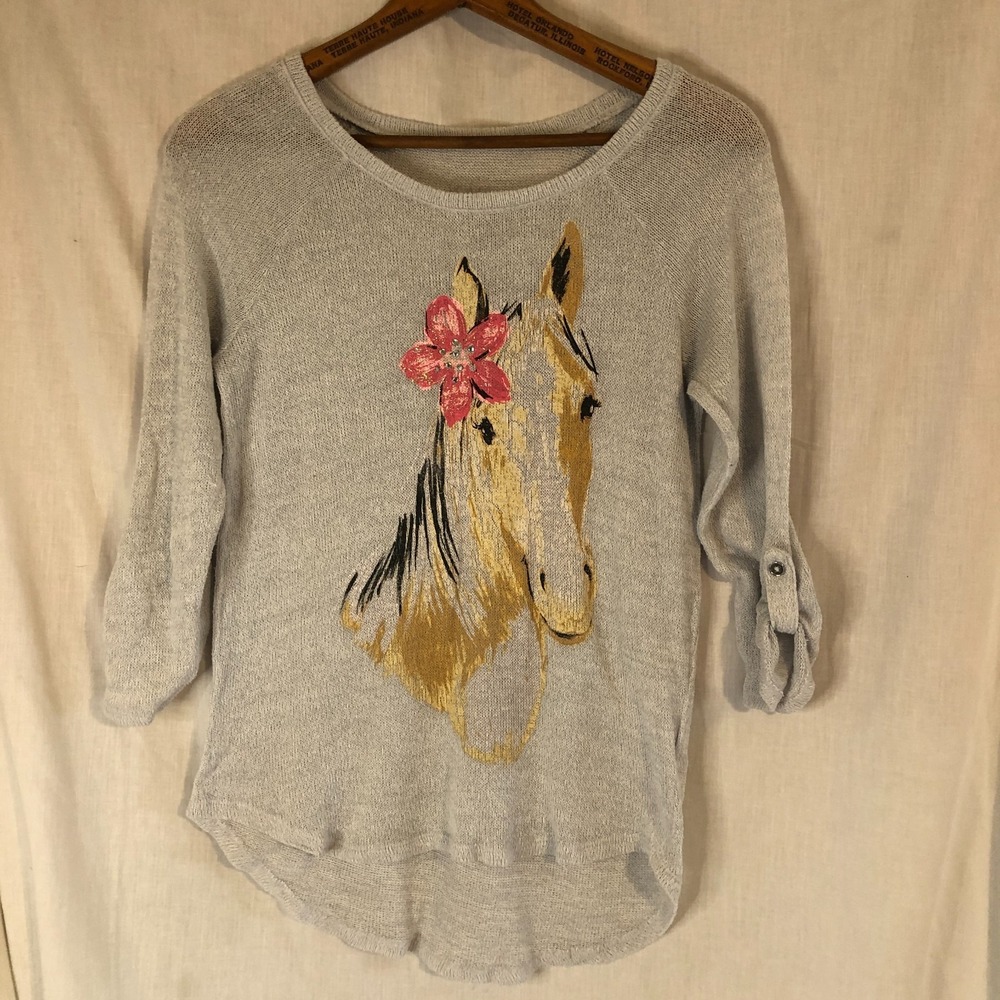 Justice Girls Lightweight Gray 3/4 sleeve sweater Horse Size 14